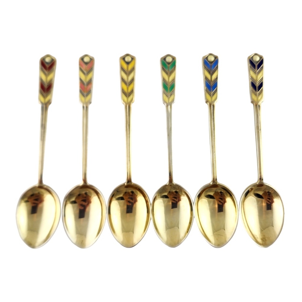T&S Birmingham England Set of 5 Sterling Silver Enamel Chevron Spoons #18694